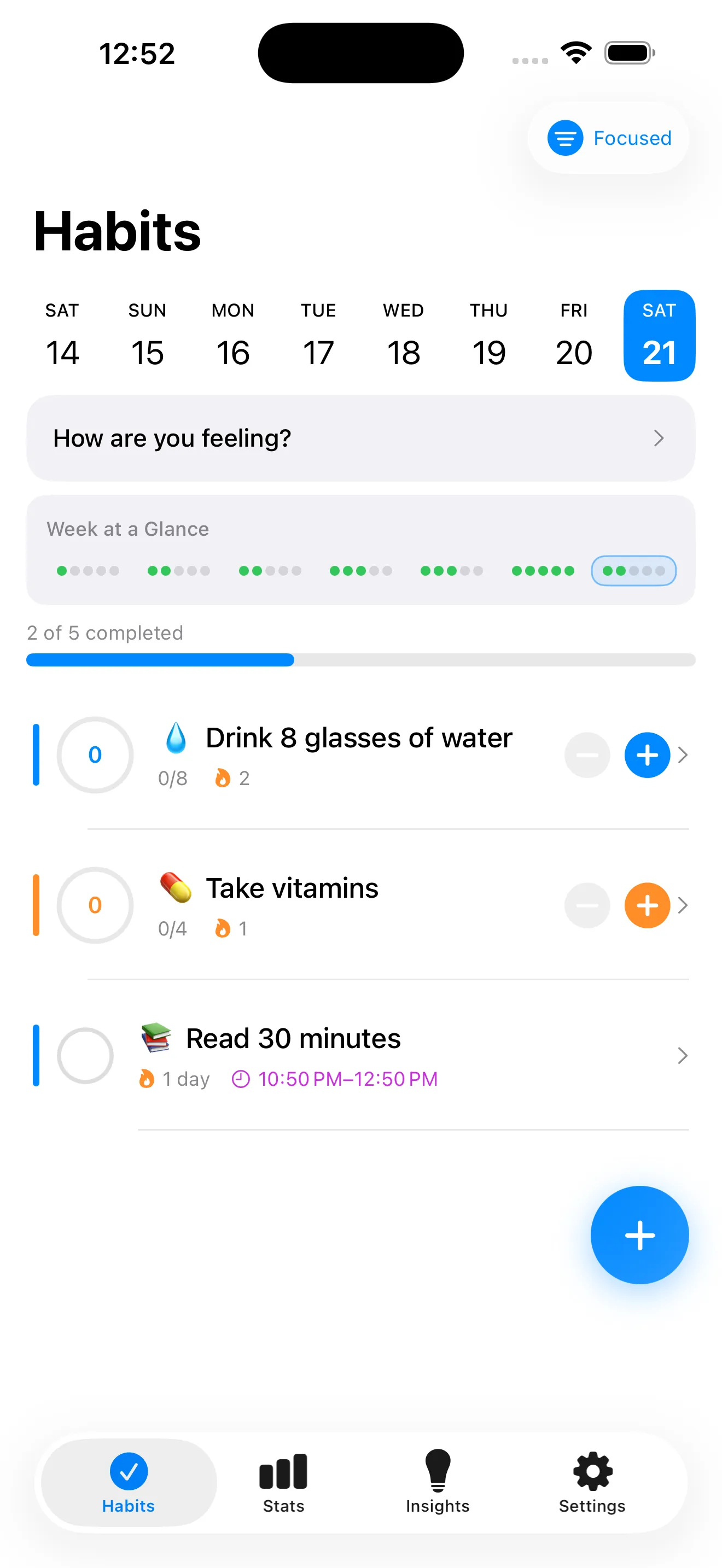 HabitTracker App - Home Screen with habit timers, scheduled blocks, and focus mode
