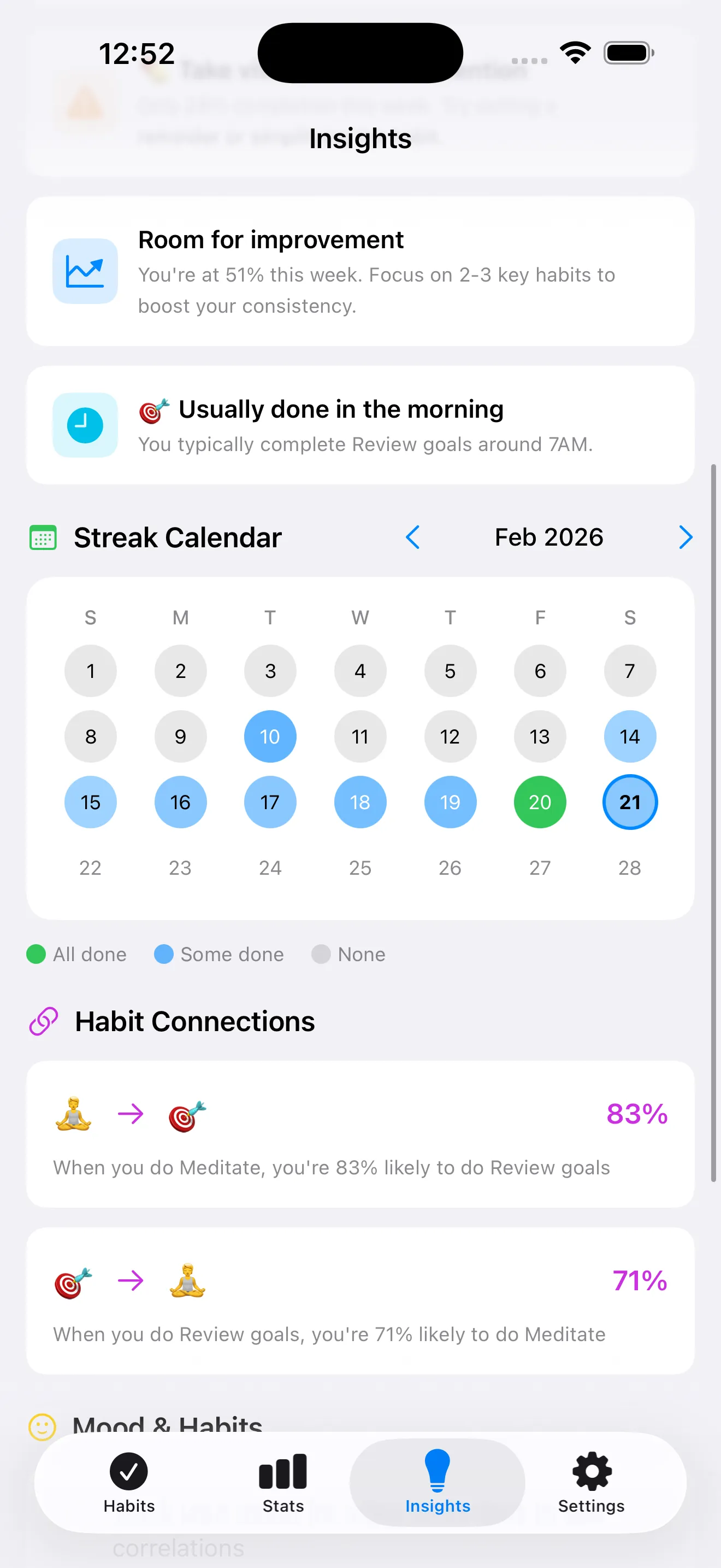 Insights screen with streak calendar, habit correlations, and mood analysis