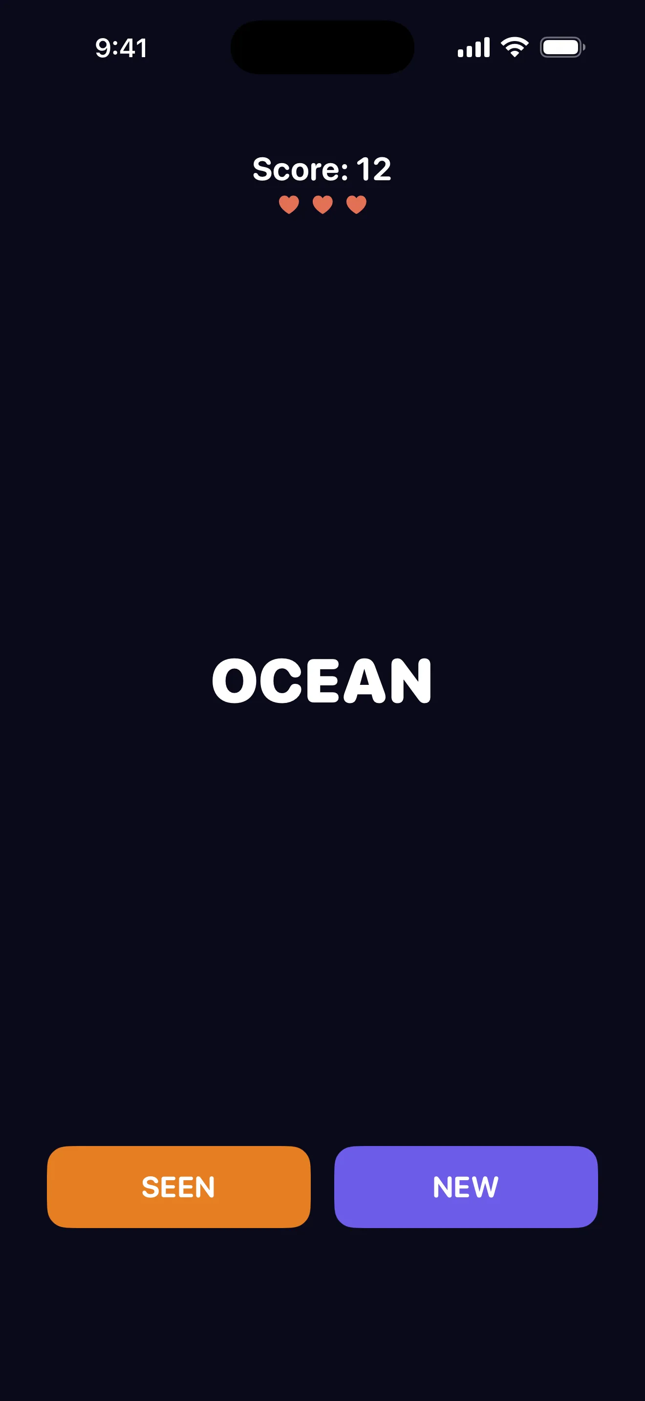 Word Memory test with seen or new buttons