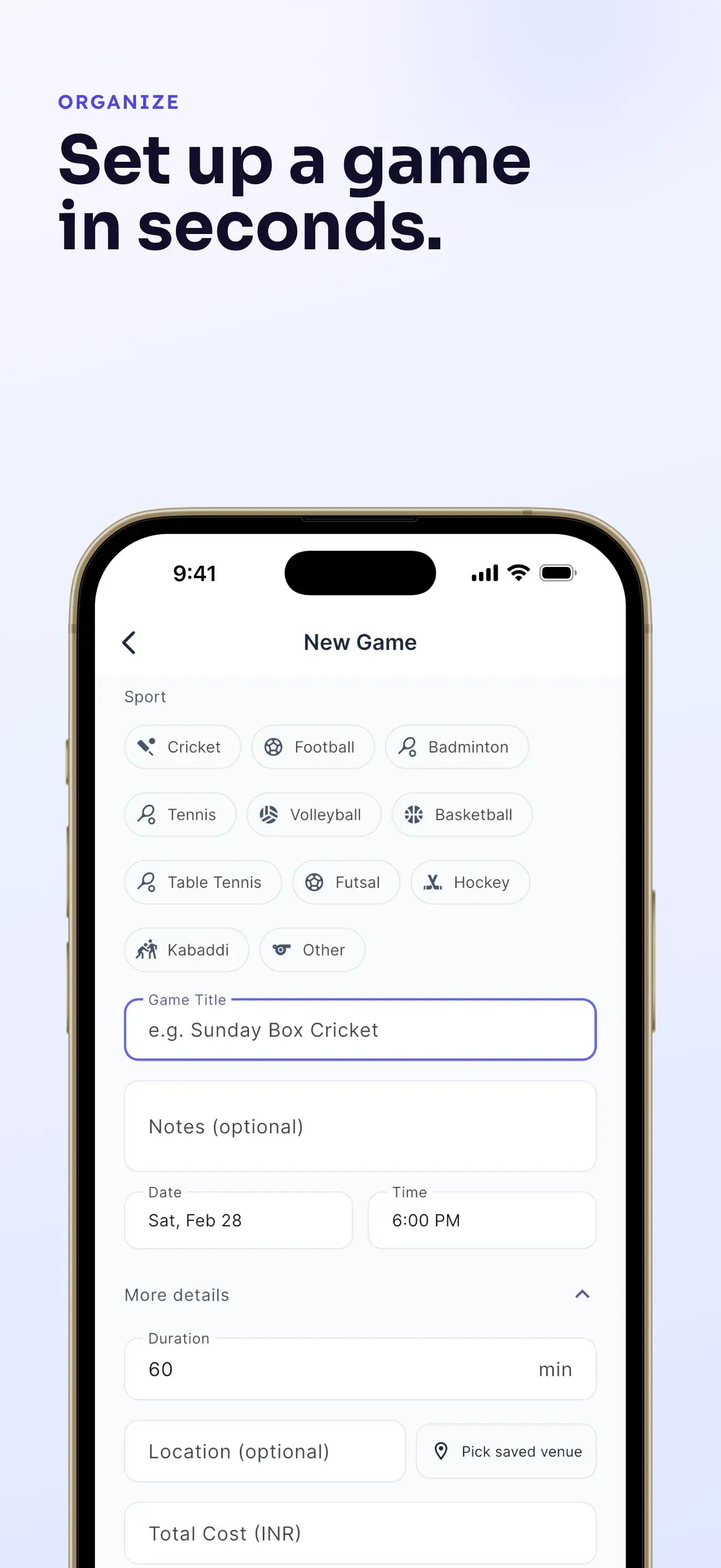 Create game screen with sport picker grid