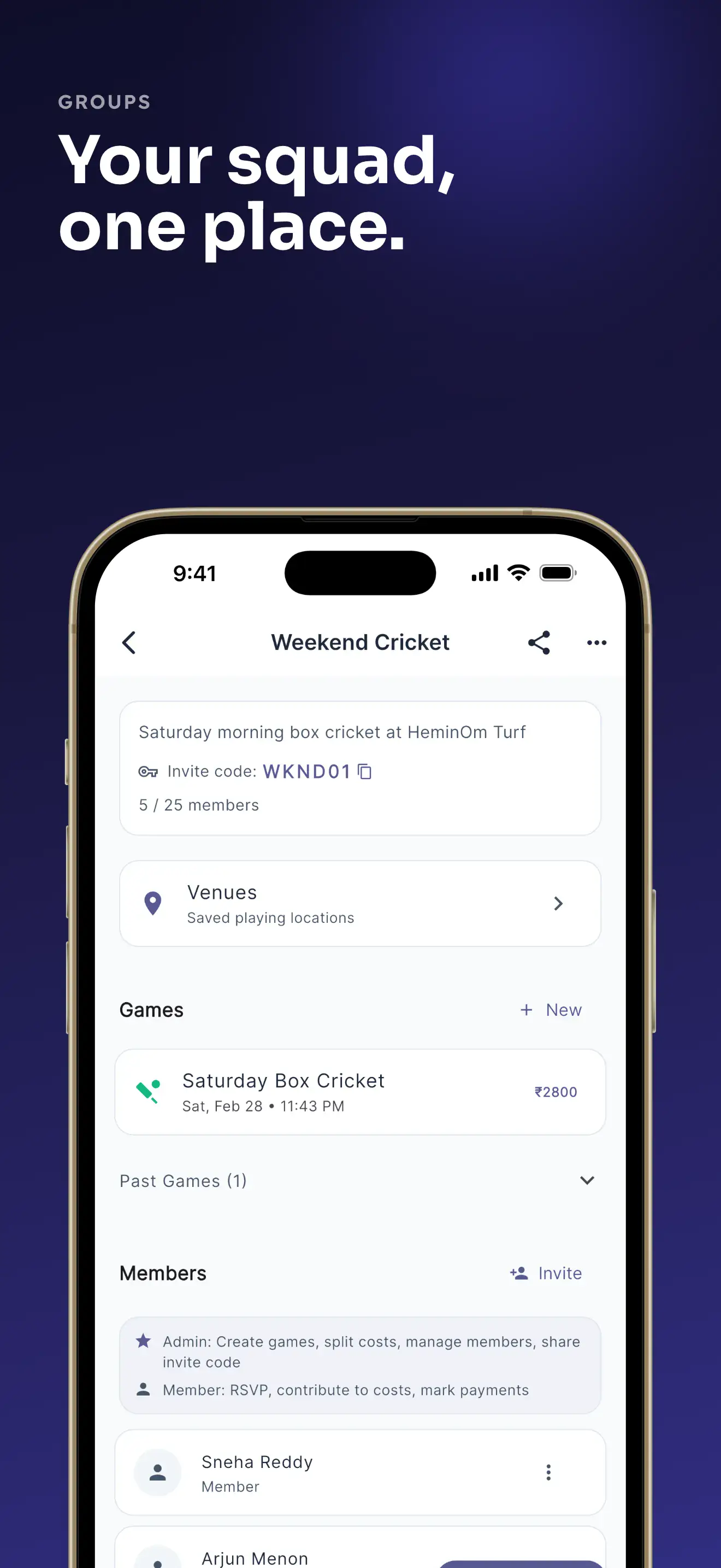 Groups screen with group cards and next game